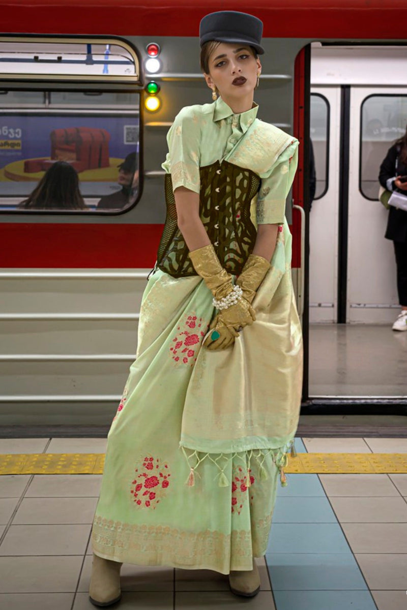 Pista Katan Handloom Silk Saree with Blouse Piece