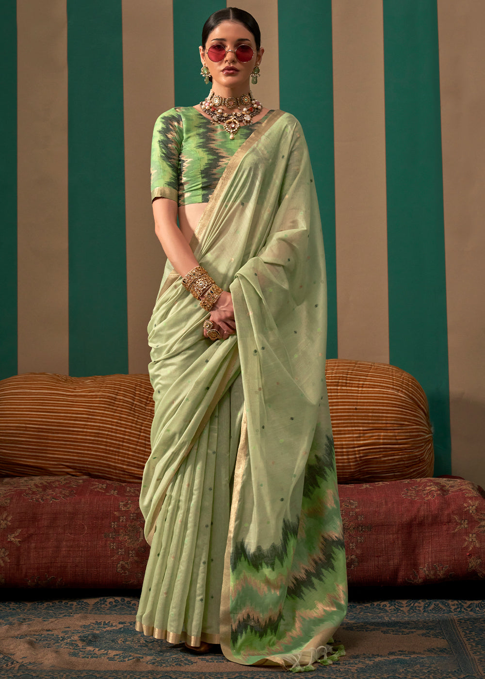 Pista Lustrous Spun Silk Saree with Cotton Blend