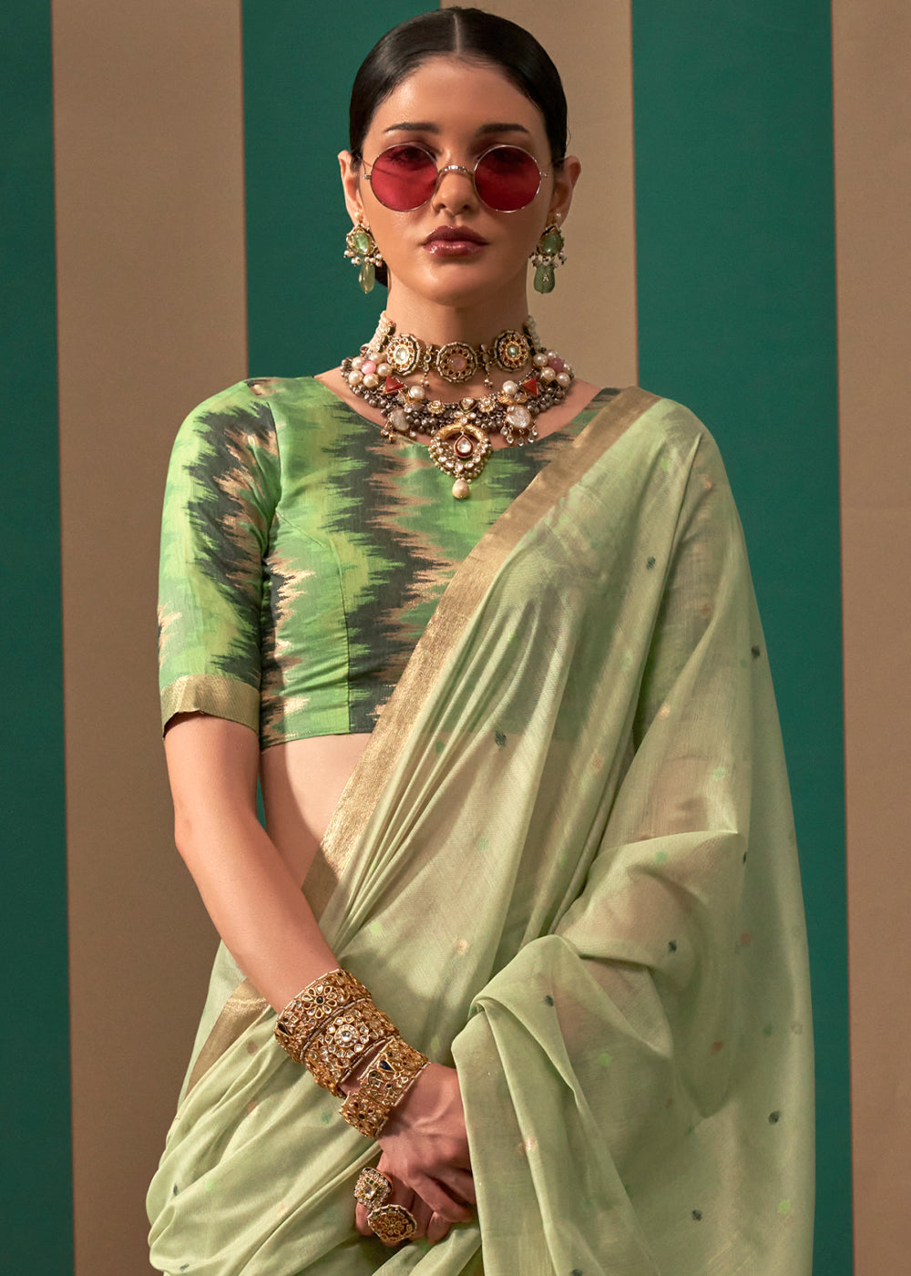 Pista Lustrous Spun Silk Saree with Cotton Blend