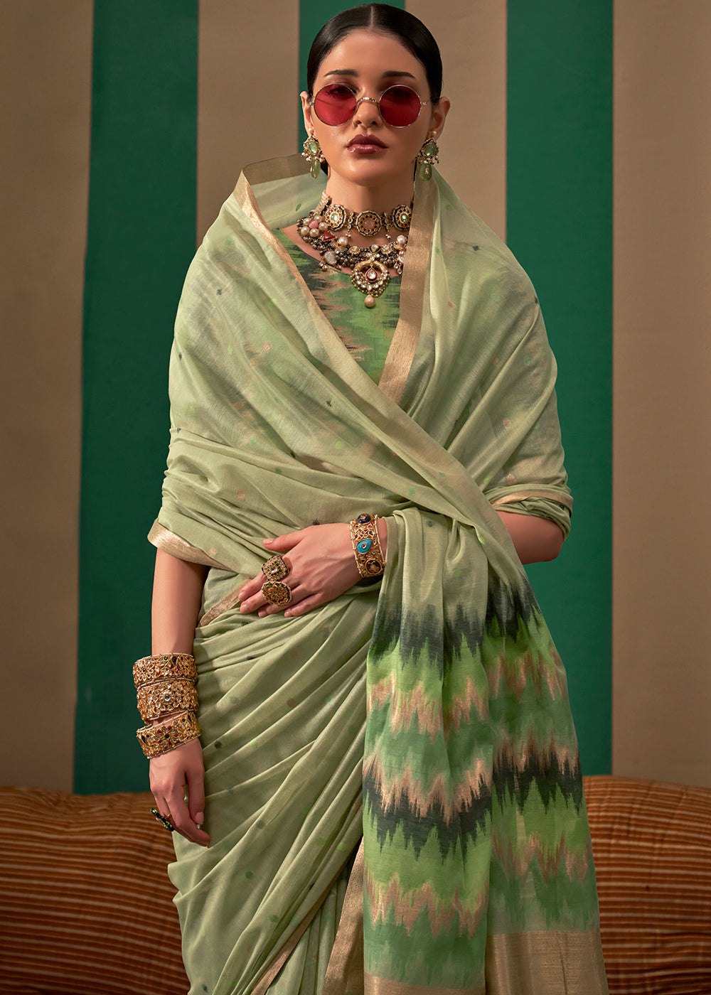 Pista Lustrous Spun Silk Saree with Cotton Blend