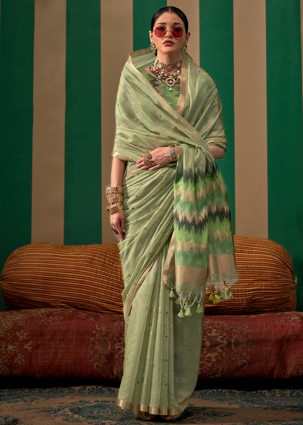 Pista Lustrous Spun Silk Saree with Cotton Blend