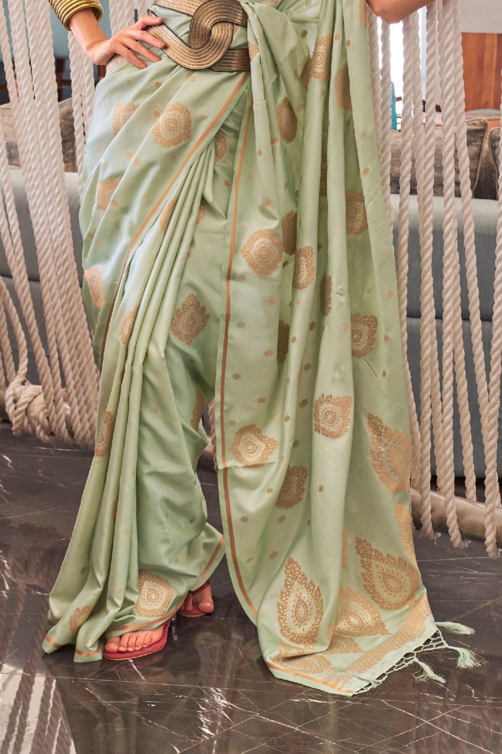 Pista Luxurious Pure Silk Banarasi Saree with Unstitched Blouse Piece