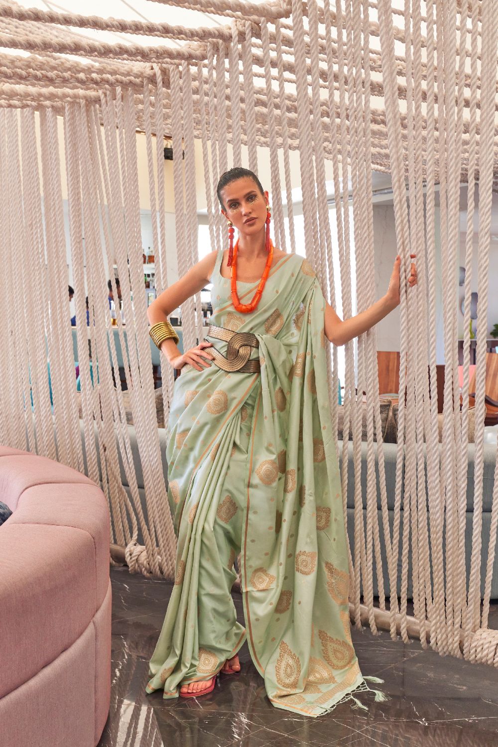Pista Luxurious Pure Silk Banarasi Saree with Unstitched Blouse Piece