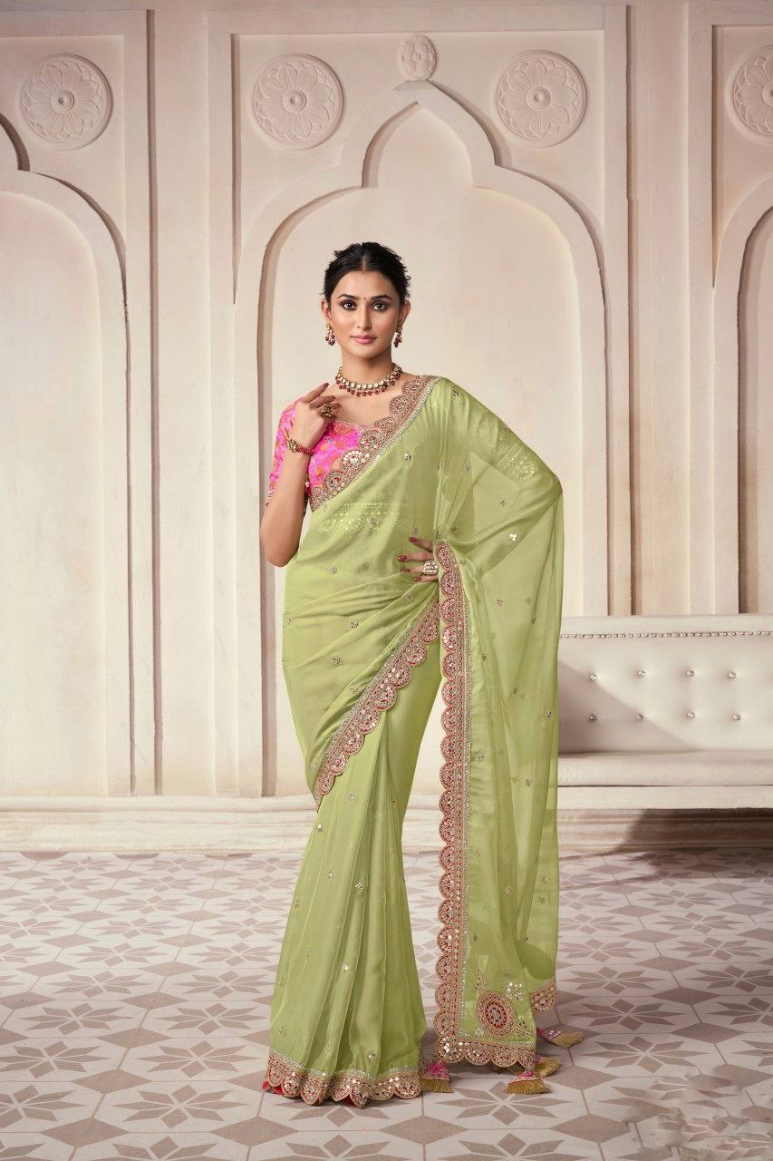 Pista Organza Cording Foil Embroidered Saree with Silk Digital Blouse