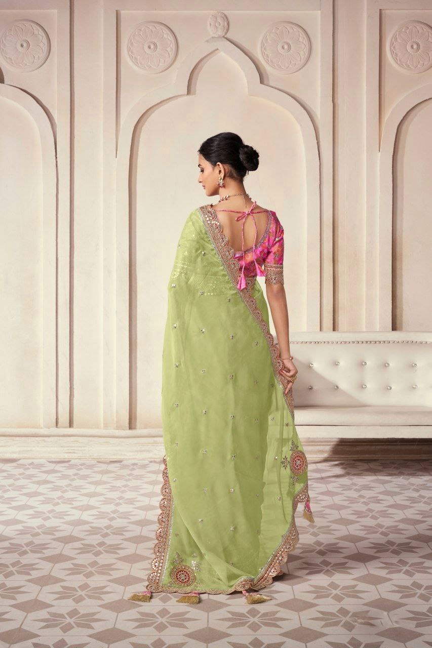 Pista Organza Cording Foil Embroidered Saree with Silk Digital Blouse