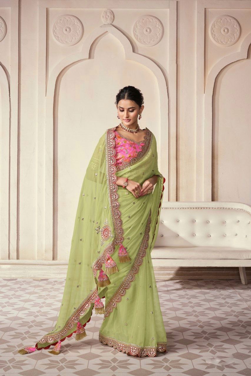 Pista Organza Cording Foil Embroidered Saree with Silk Digital Blouse