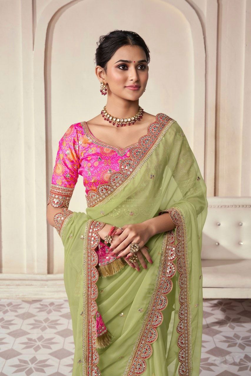 Pista Organza Cording Foil Embroidered Saree with Silk Digital Blouse