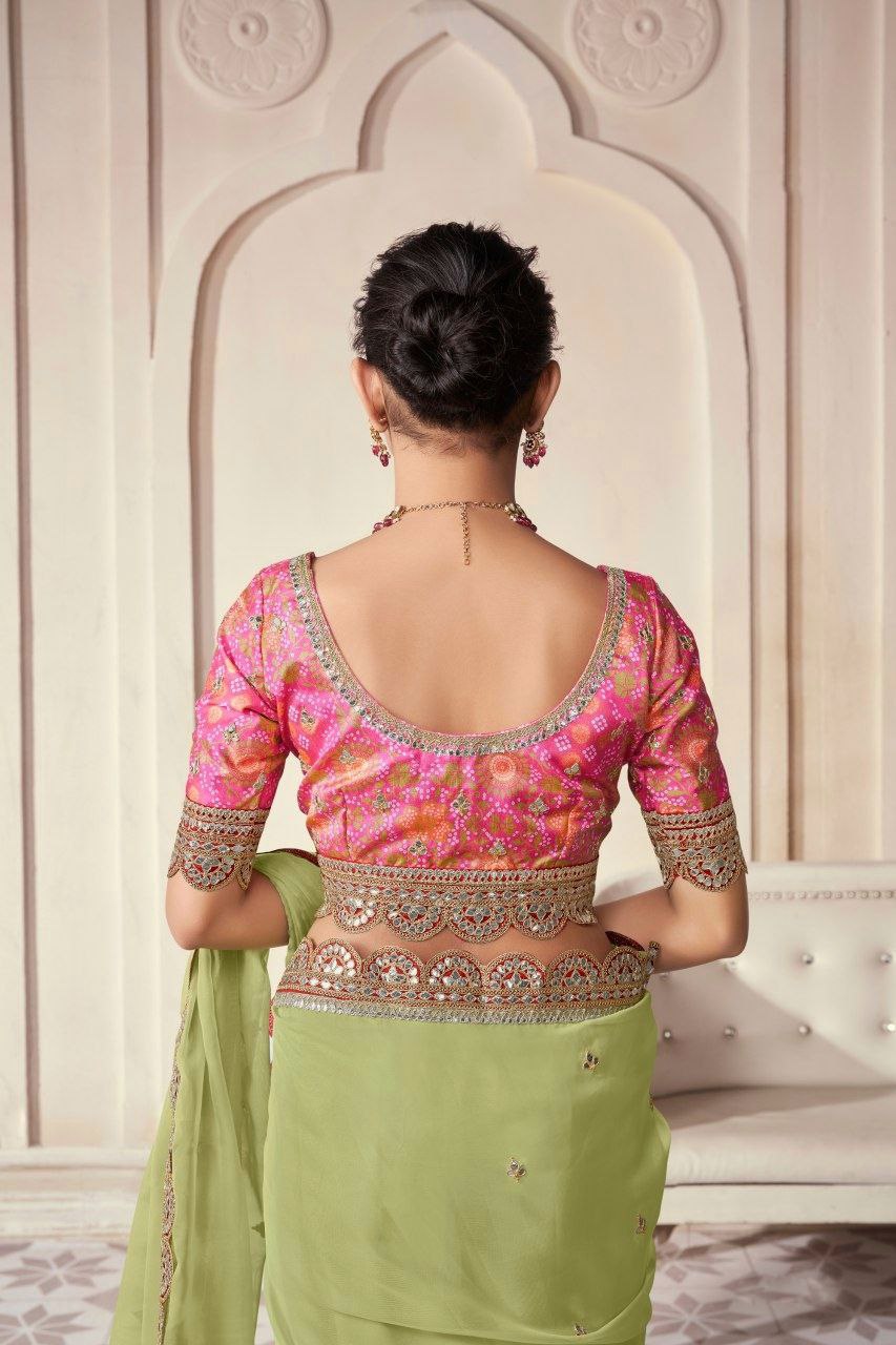 Pista Organza Cording Foil Embroidered Saree with Silk Digital Blouse