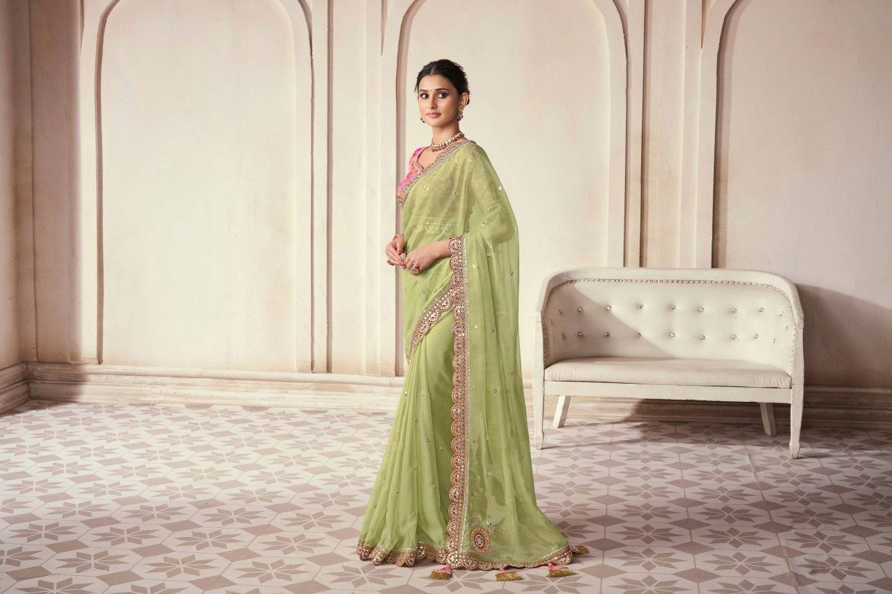 Pista Organza Cording Foil Embroidered Saree with Silk Digital Blouse