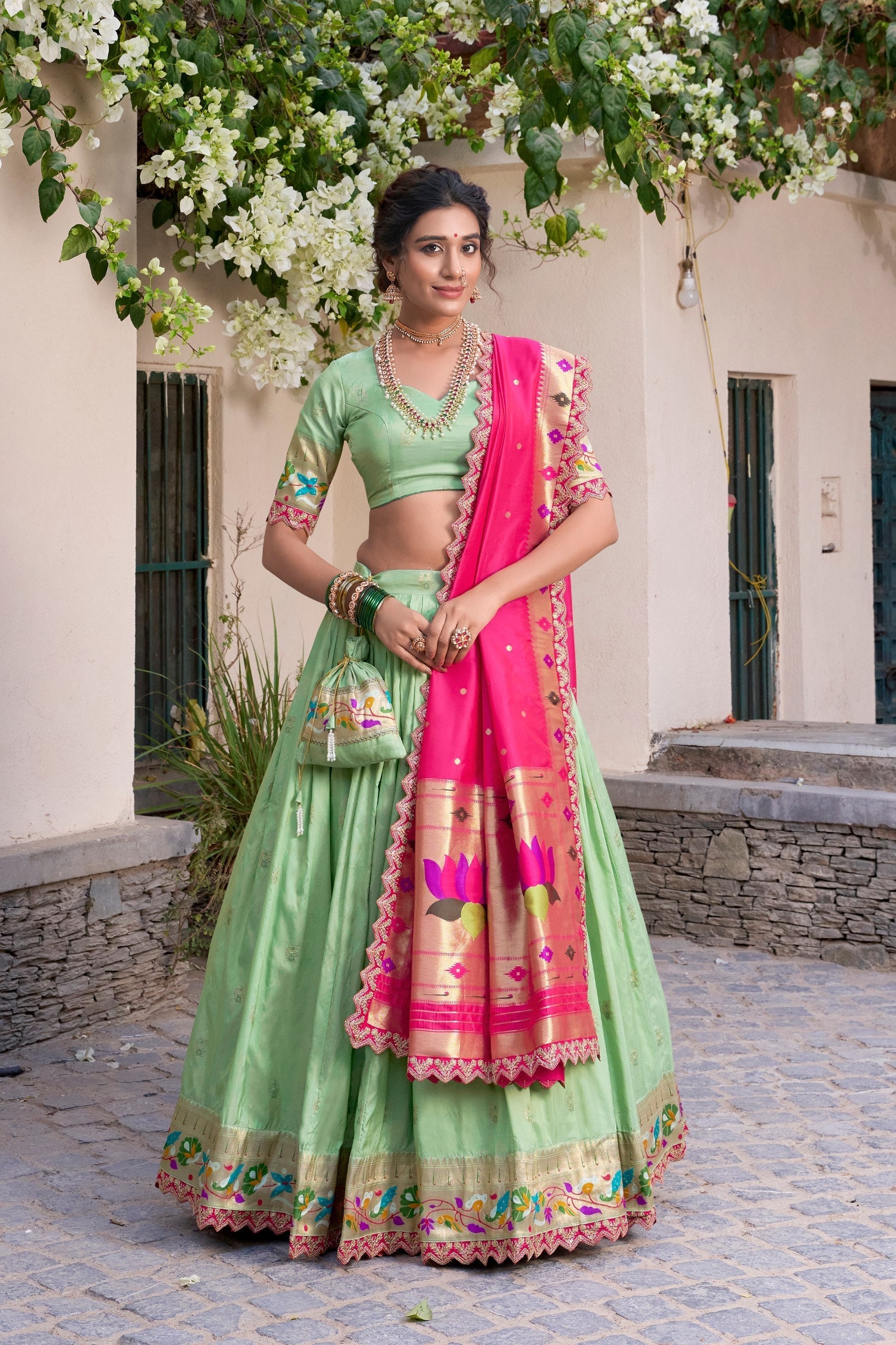 Pista Paithani Jacquard Silk Lehenga Set with Zari Weaving, Embroidery & Scallop