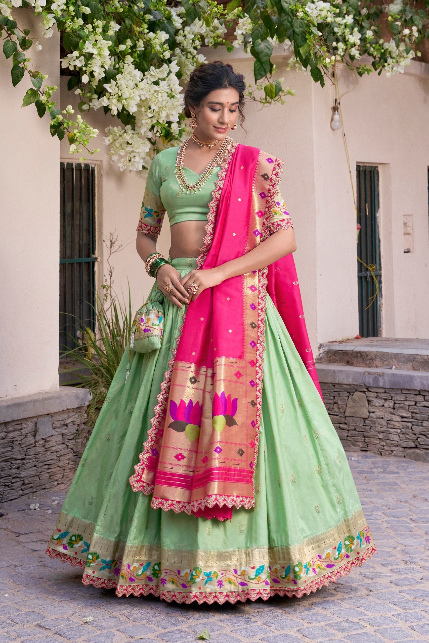 Pista Paithani Jacquard Silk Lehenga Set with Zari Weaving, Embroidery & Scallop