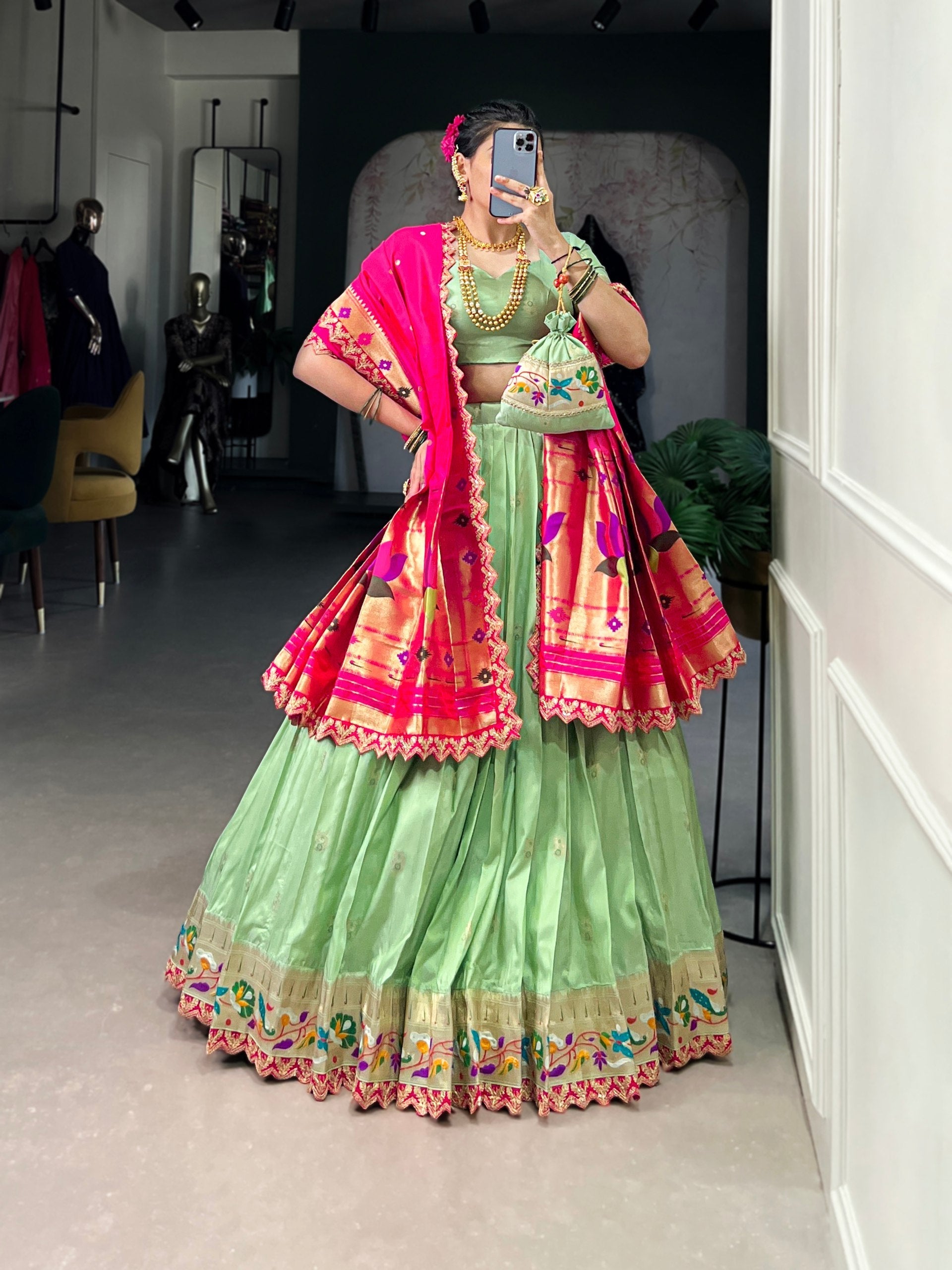 Pista Paithani Jacquard Silk Lehenga Set with Zari Weaving, Embroidery & Scallop