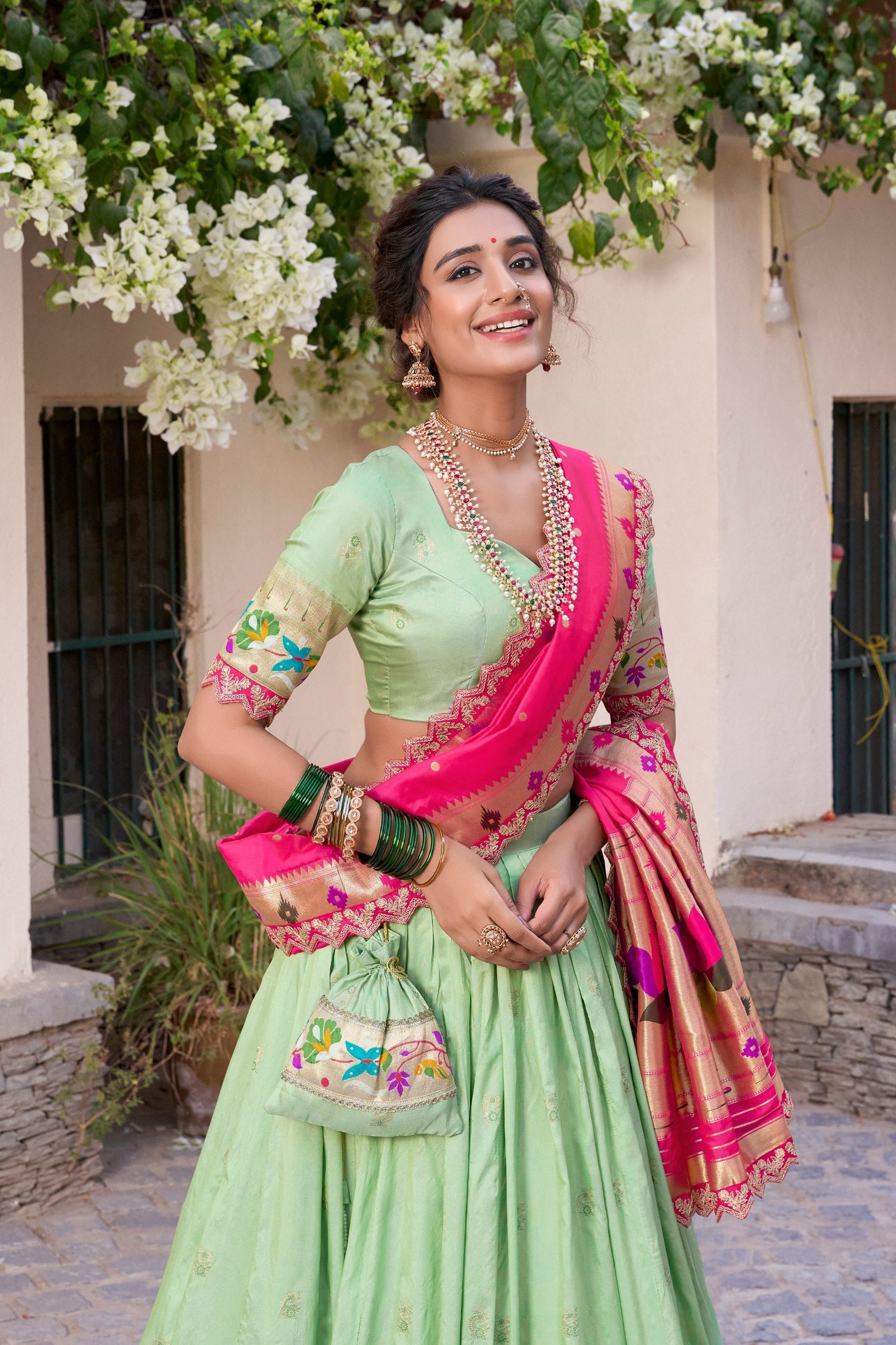 Pista Paithani Jacquard Silk Lehenga Set with Zari Weaving, Embroidery & Scallop