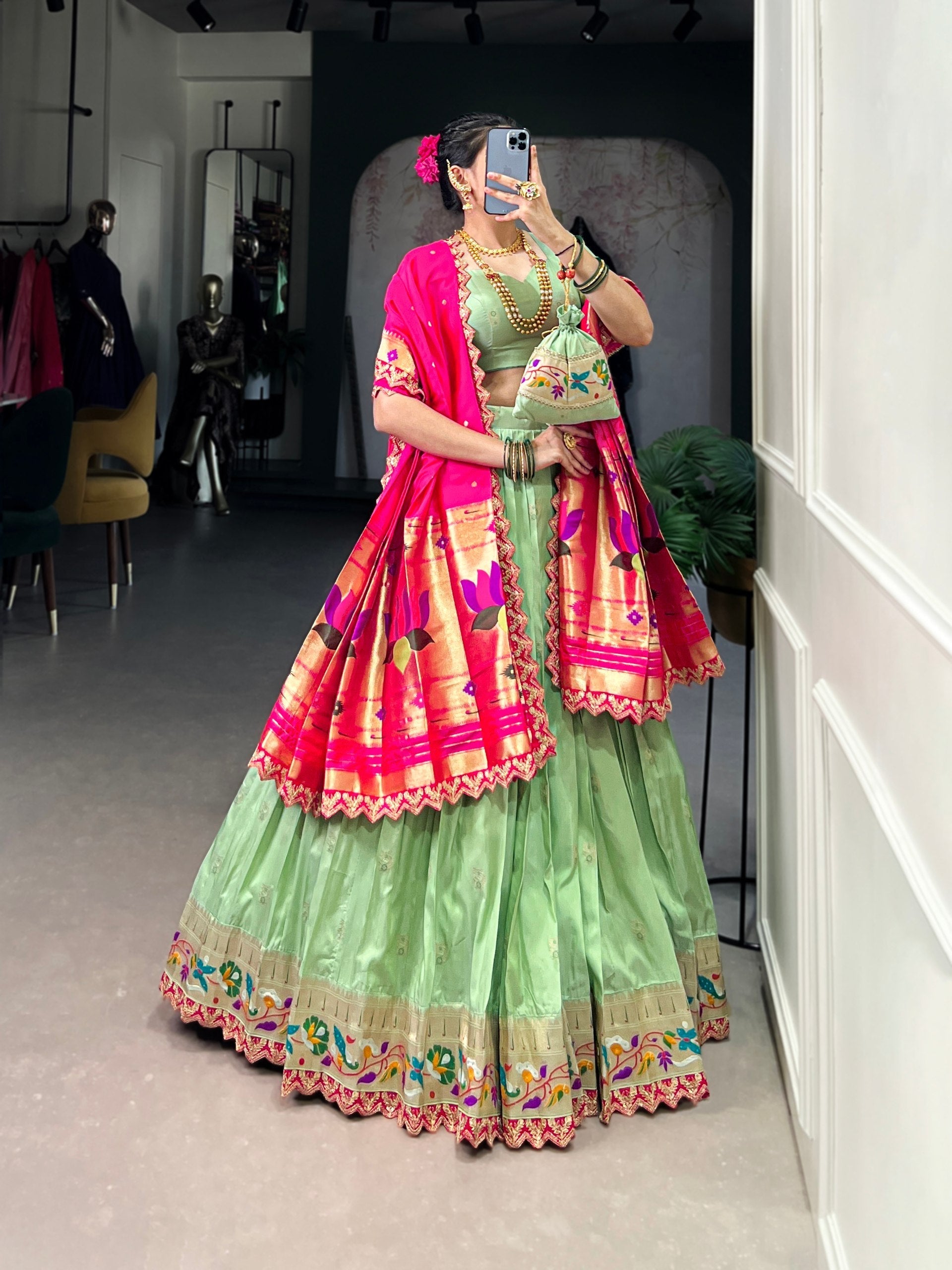 Pista Paithani Jacquard Silk Lehenga Set with Zari Weaving, Embroidery & Scallop