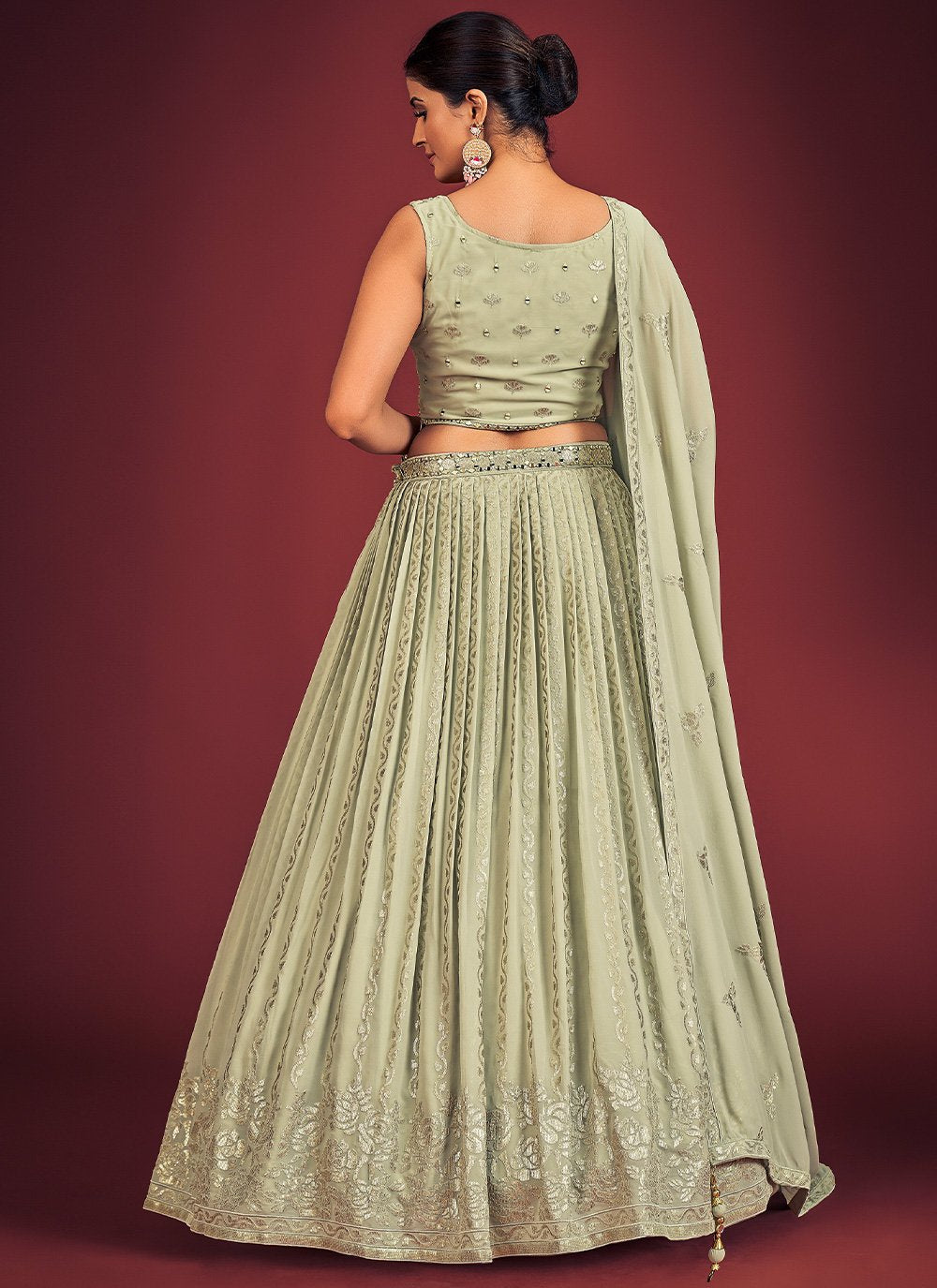 Pista Pakistani Georgette Lehenga Choli For Indian Festivals & Weddings - Sequence Embroidery Work, Mirror Work