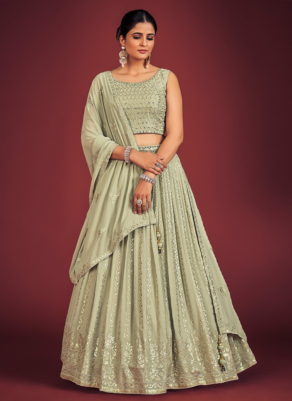Pista Pakistani Georgette Lehenga Choli For Indian Festivals & Weddings - Sequence Embroidery Work, Mirror Work