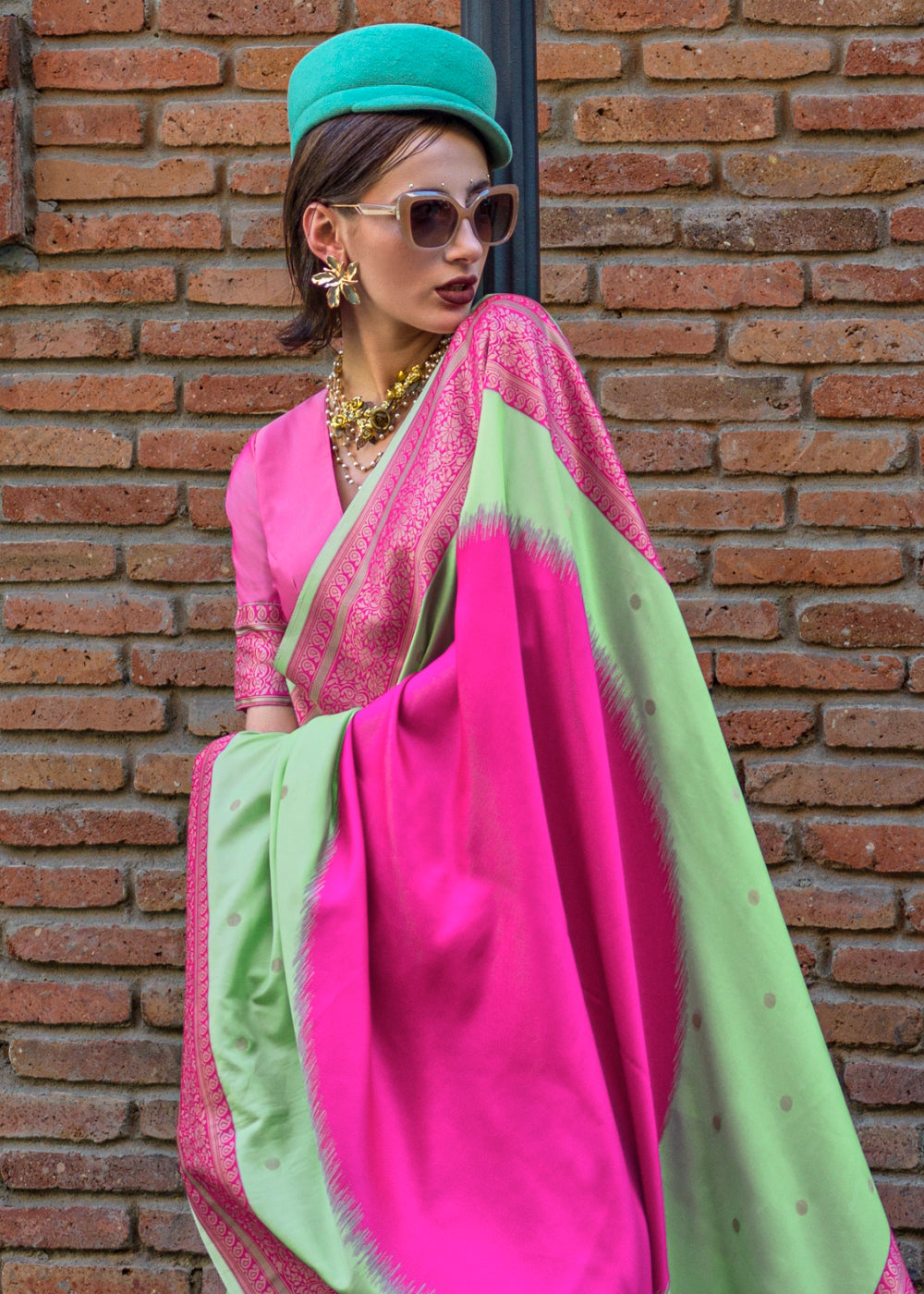 Pista & Pink Regal Banarasi Soft Silk Saree with Intricate Timeless Design & Blouse Piece