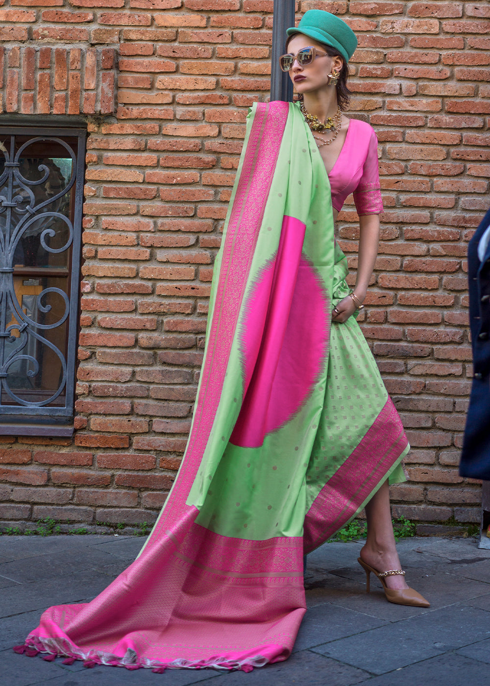 Pista & Pink Regal Banarasi Soft Silk Saree with Intricate Timeless Design & Blouse Piece
