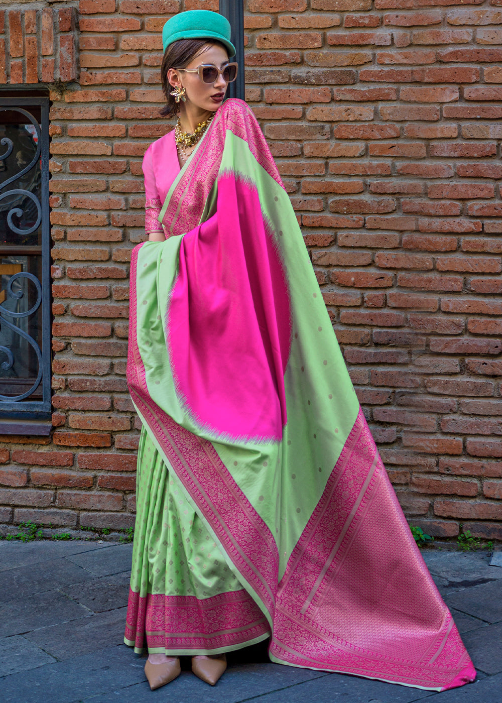 Pista & Pink Regal Banarasi Soft Silk Saree with Intricate Timeless Design & Blouse Piece