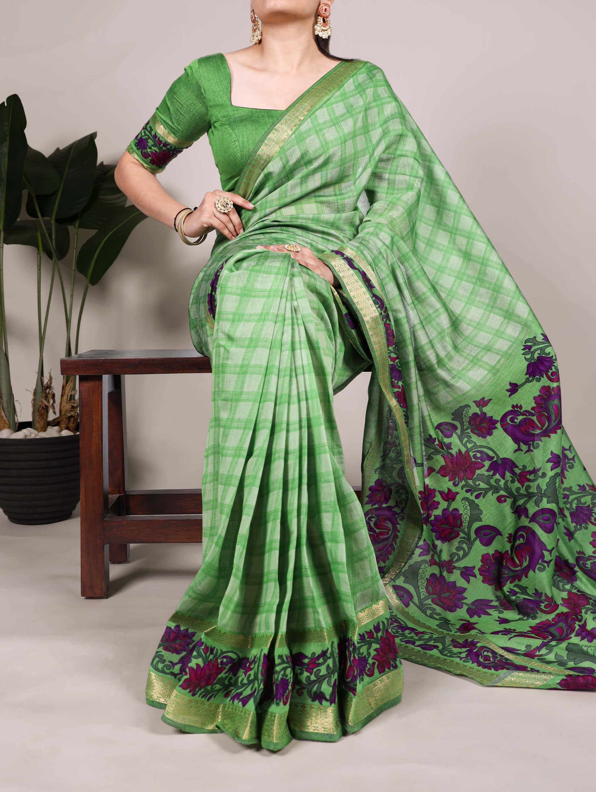 Pista Printed Chanderi Saree with Zari Weaving Work Polyester Viscose