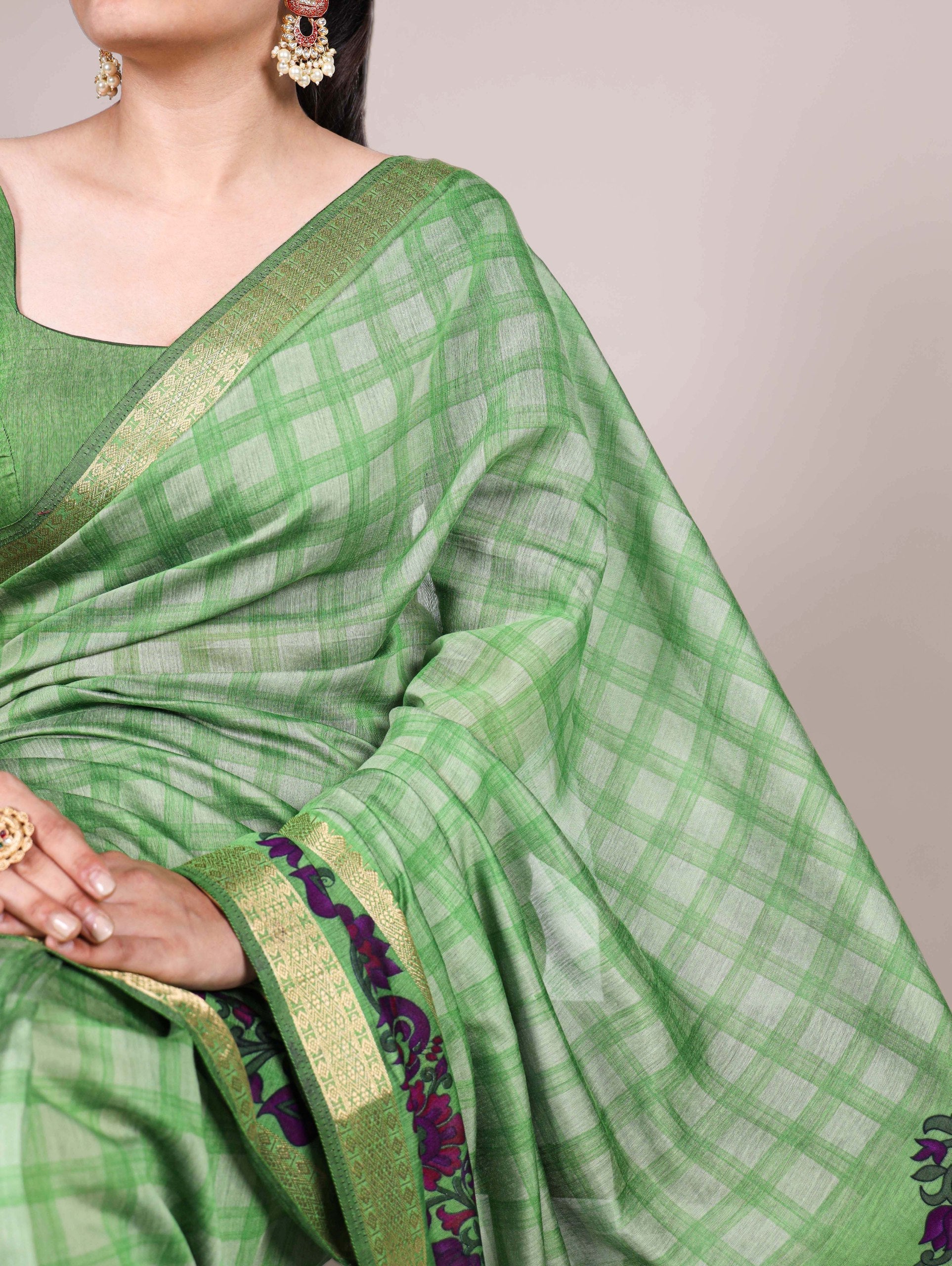 Pista Printed Chanderi Saree with Zari Weaving Work Polyester Viscose