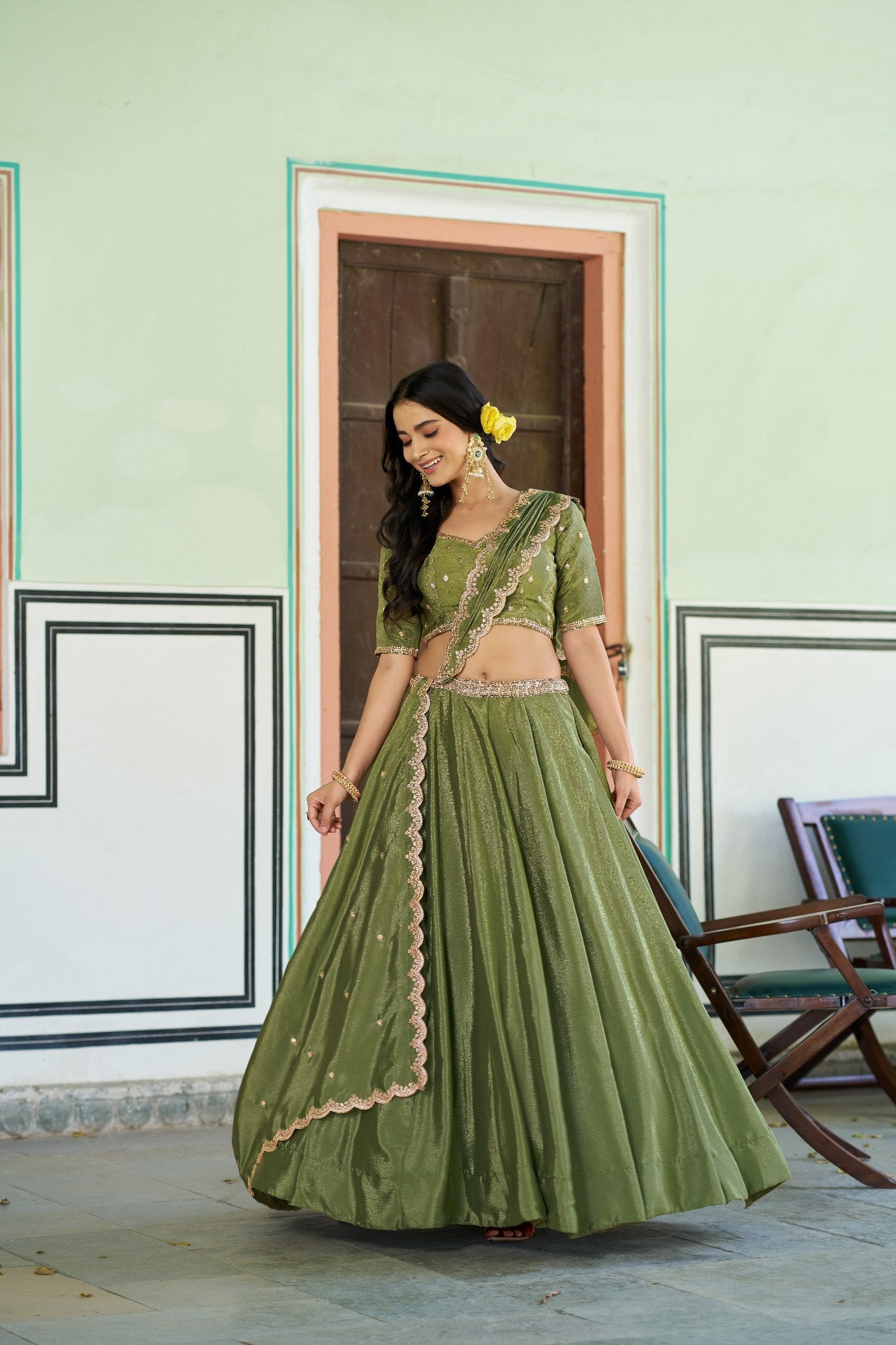 Pista Silk Embroidered Lehenga