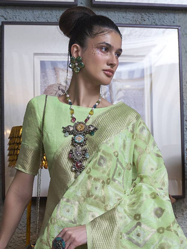 Pista Traditional Linen Banarasi Saree with Unstitched Blouse Piece