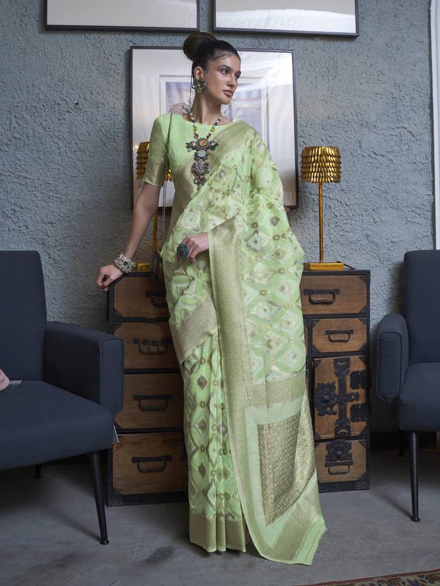 Pista Traditional Linen Banarasi Saree with Unstitched Blouse Piece