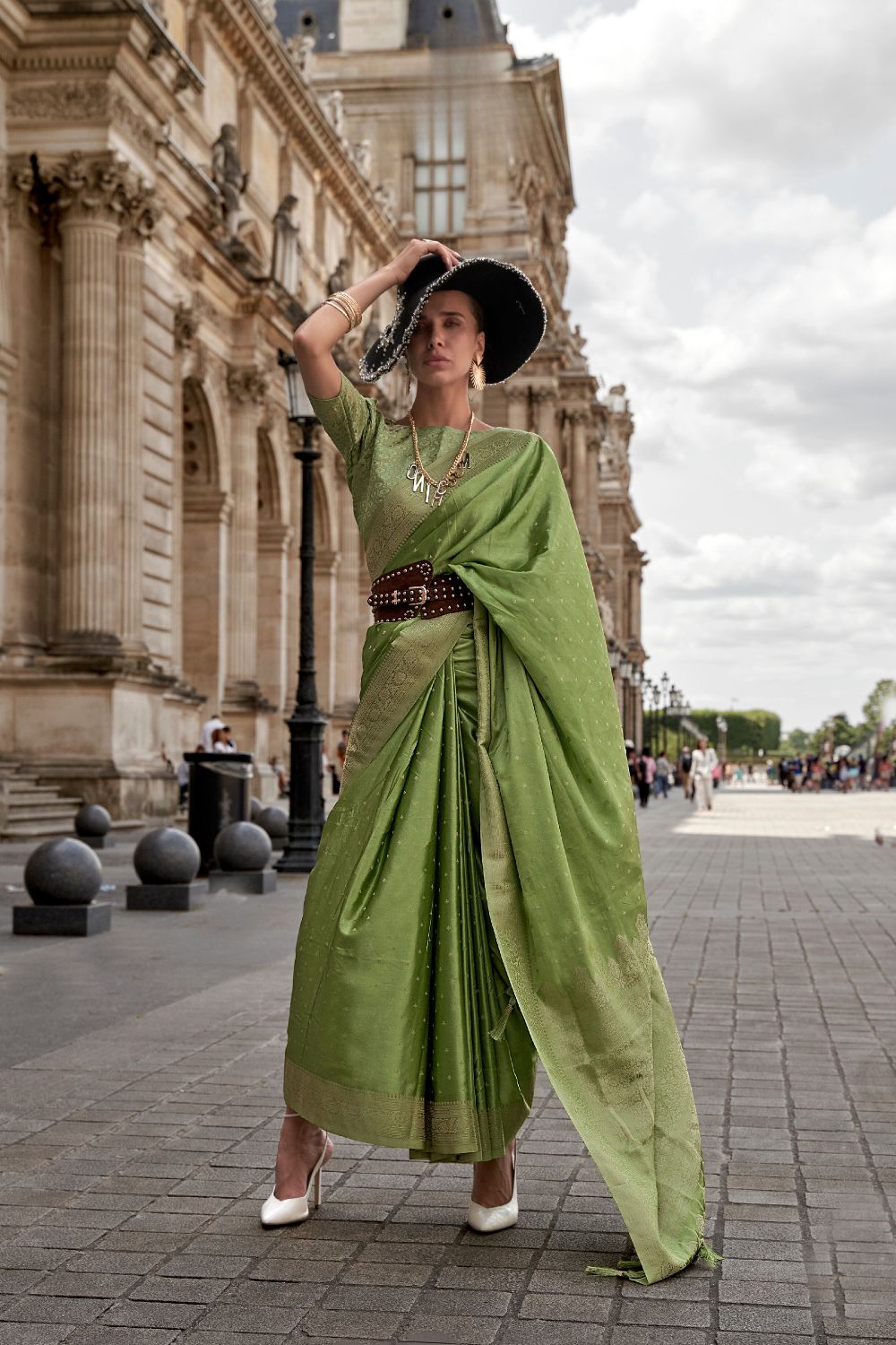 Pista Traditional Woven Satin Silk Blend Saree with Blouse Piece – Festive & Partywear