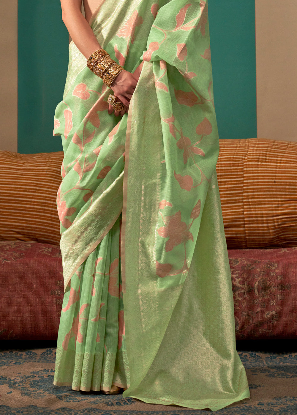 Pista Woven Cotton Silk Blend Linen Saree with Unstitched Blouse