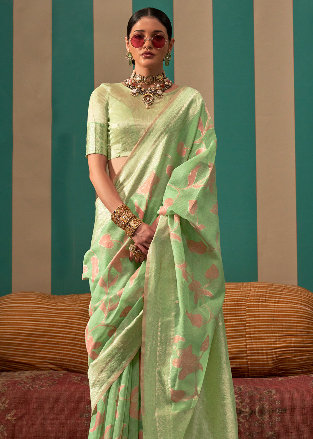 Pista Woven Cotton Silk Blend Linen Saree with Unstitched Blouse