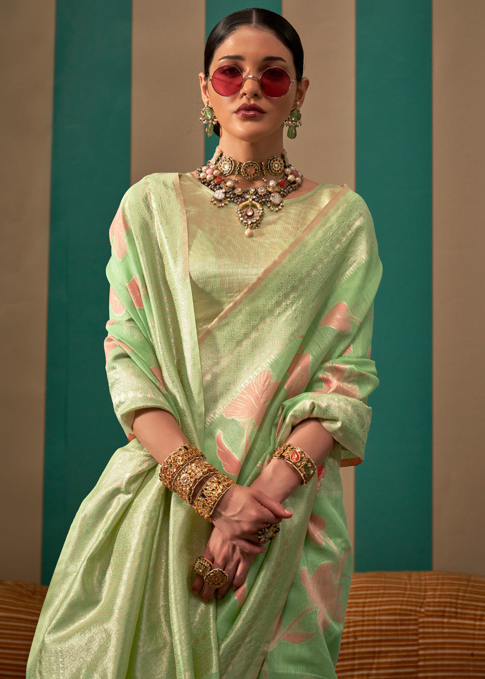 Pista Woven Cotton Silk Blend Linen Saree with Unstitched Blouse
