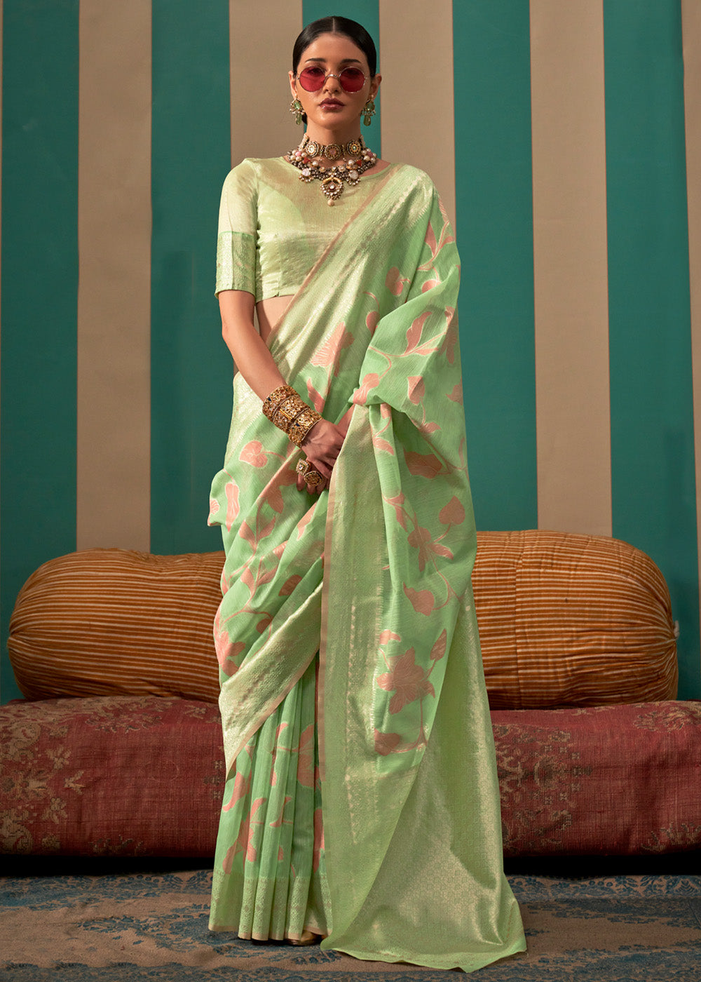 Pista Woven Cotton Silk Blend Linen Saree with Unstitched Blouse