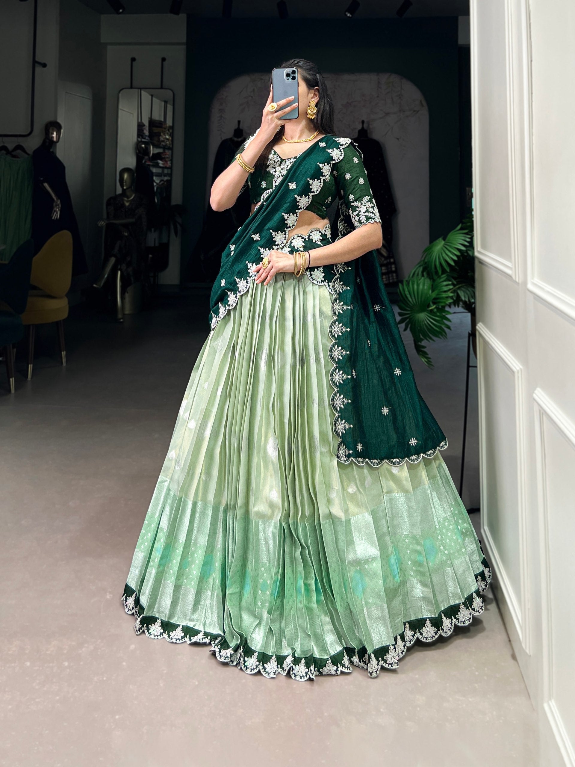 Pista Zari Kota Embroidered Lehenga Set with Vichitra Silk Dupatta – Sequins & Thread Work, Unstitched Blouse