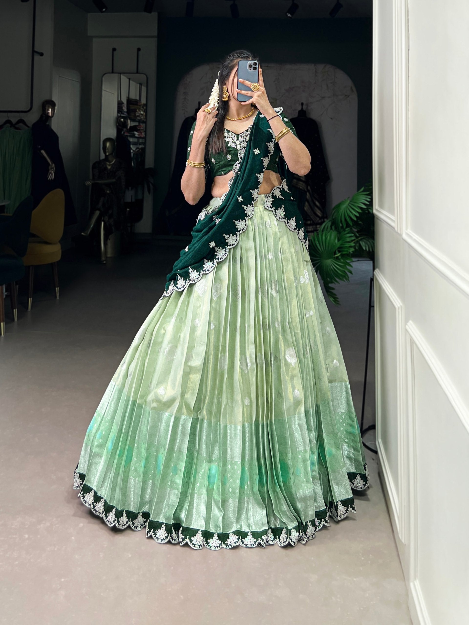 Pista Zari Kota Embroidered Lehenga Set with Vichitra Silk Dupatta – Sequins & Thread Work, Unstitched Blouse