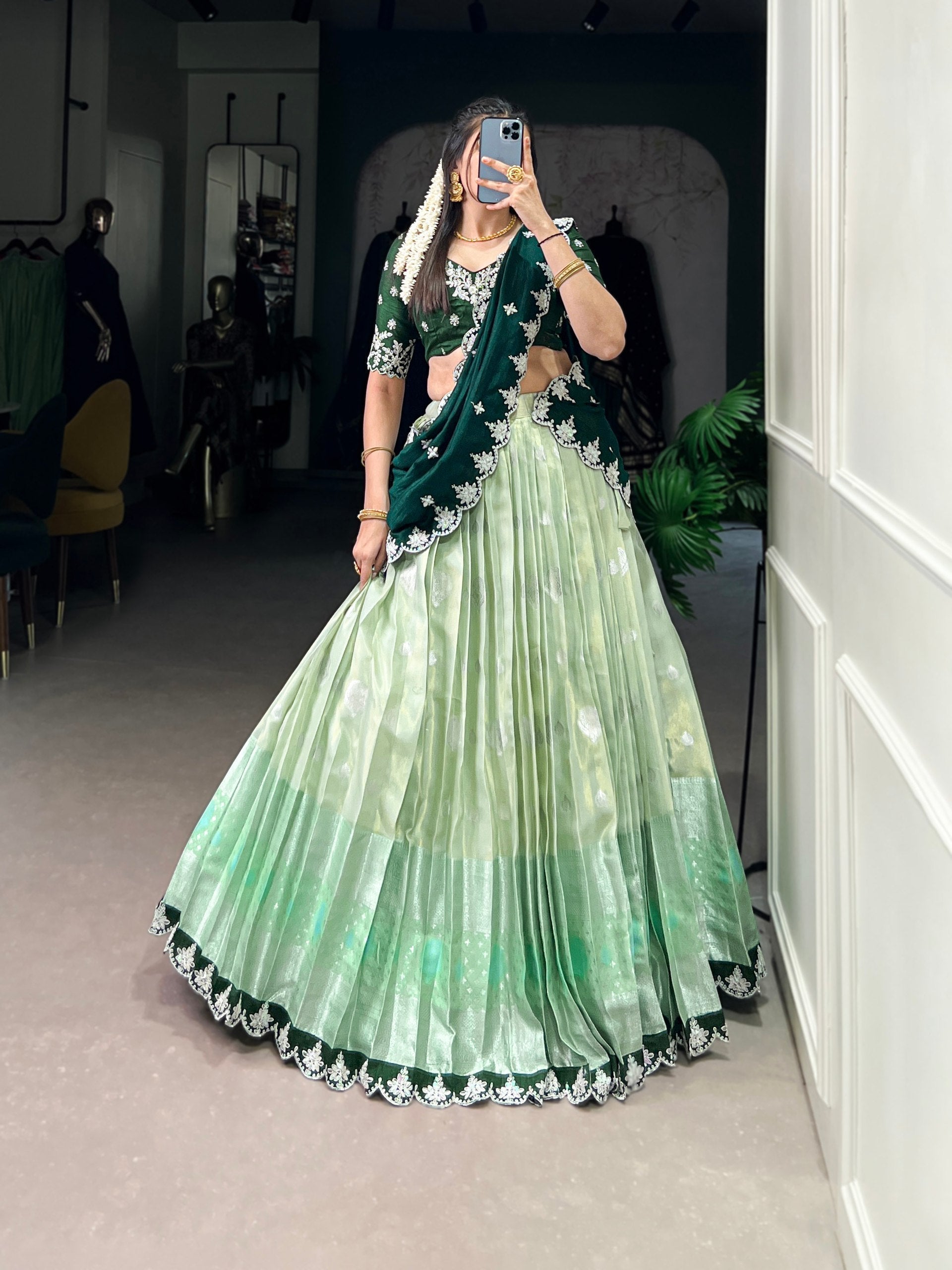 Pista Zari Kota Embroidered Lehenga Set with Vichitra Silk Dupatta – Sequins & Thread Work, Unstitched Blouse