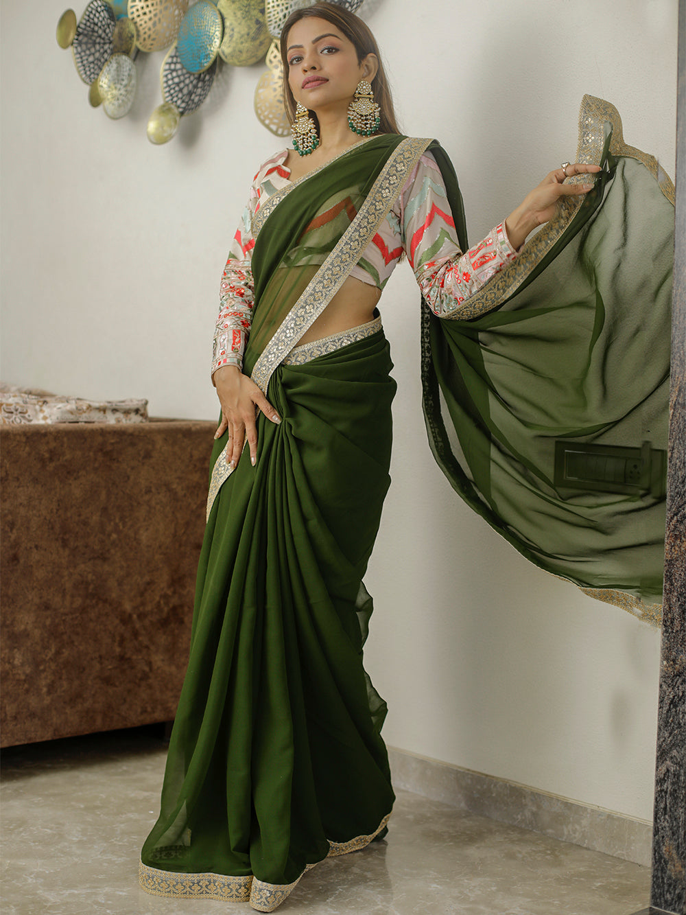 Mehendi Color Sequins & Thread Embroidery Lace Border Georgette Saree