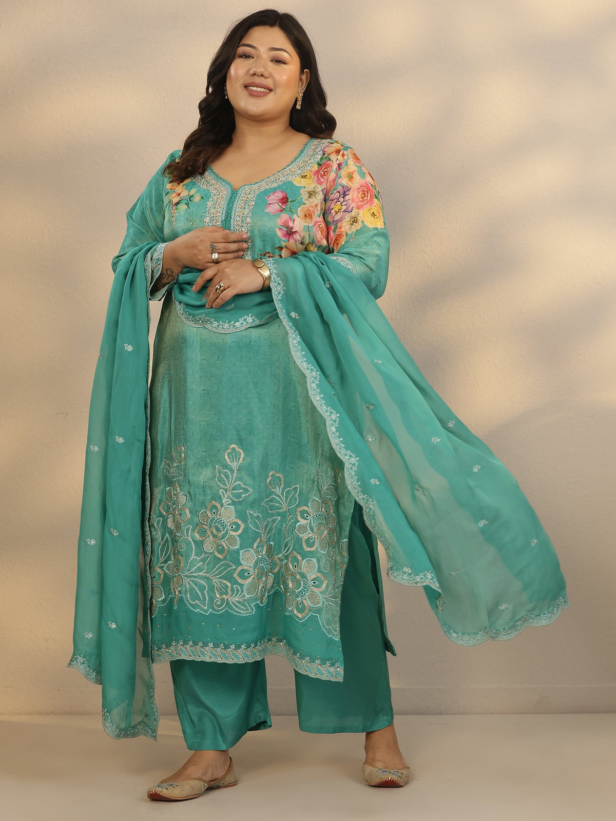 Plus Size Blue Printed Crepe Straight Suit Set With Dupatta