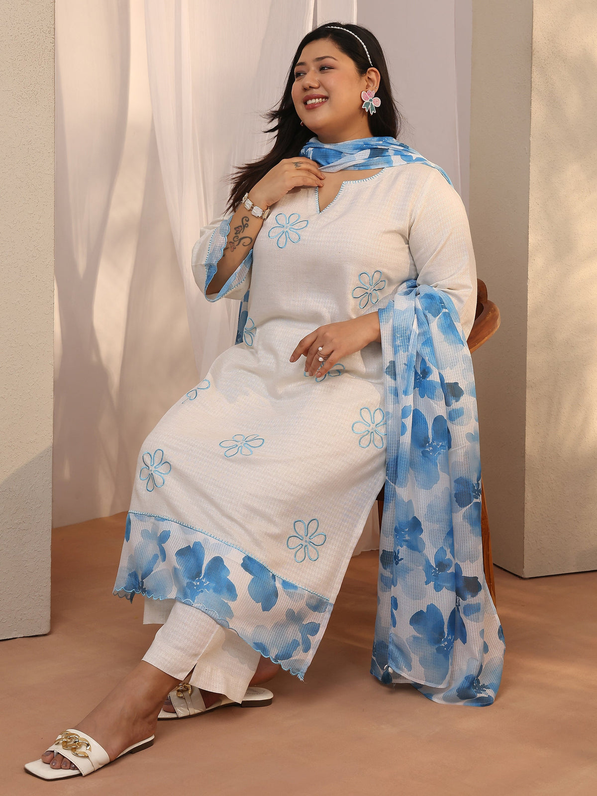 Plus Size Off white Embroidered cotton blend Straight Suit Set With Dupatta