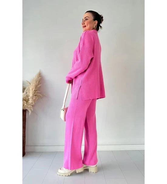 V-Neck Casual Slit Knitted Two-Piece Set