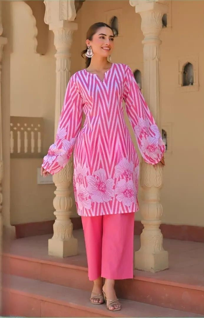 Printed 60x60 Cotton Co-ord Set with Sequence & Moti Work