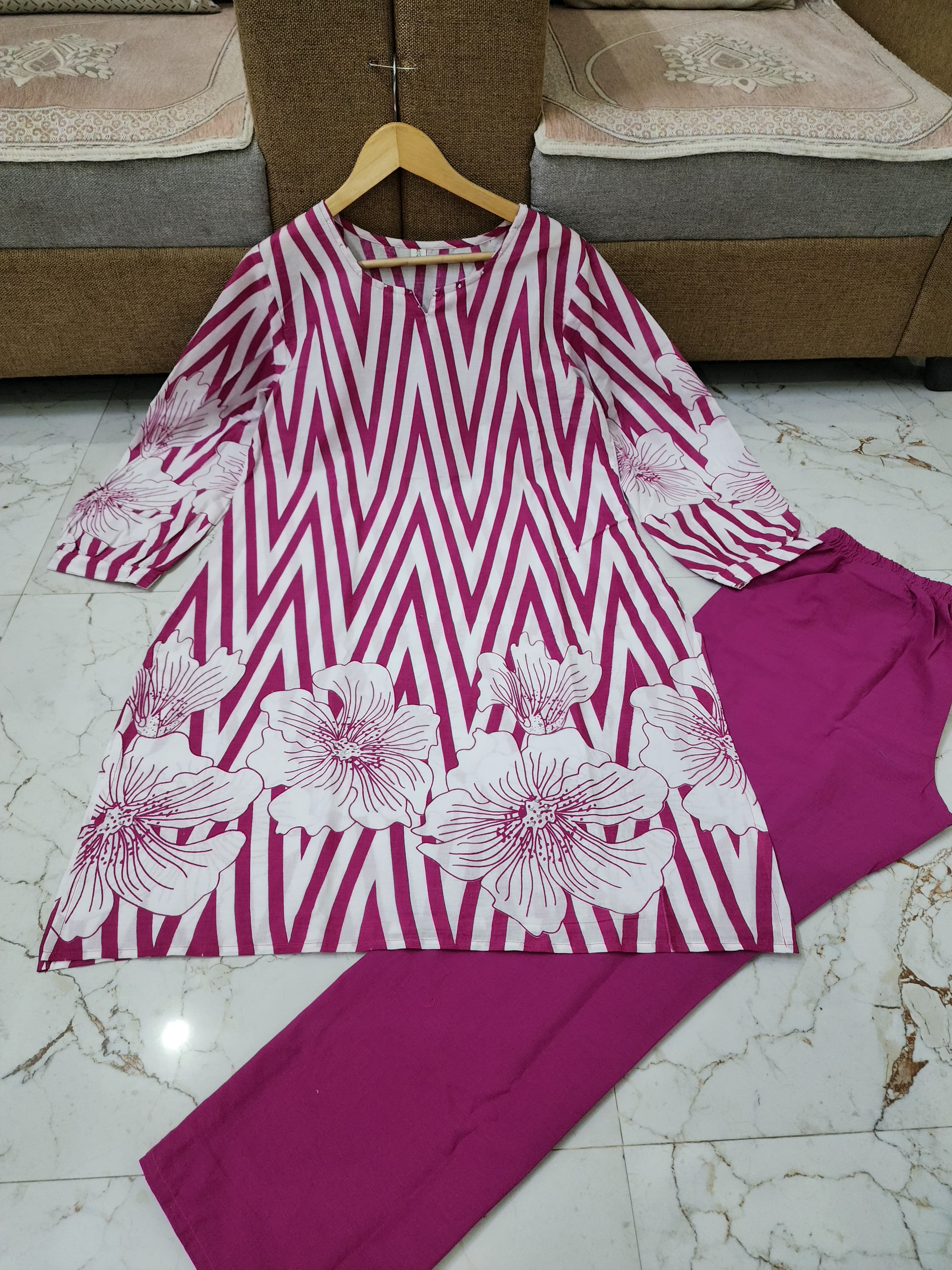 Printed 60x60 Cotton Co-ord Set with Sequence & Moti Work
