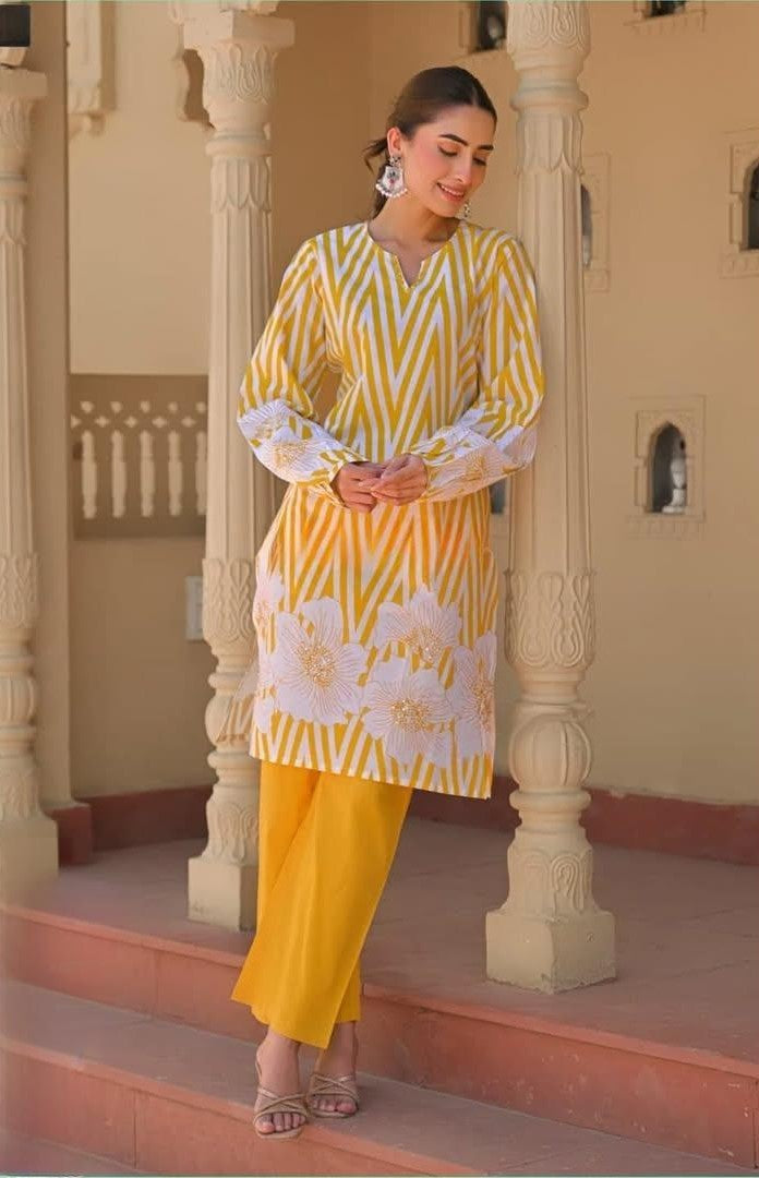 Printed 60x60 Cotton Co-ord Set with Sequence & Moti Work
