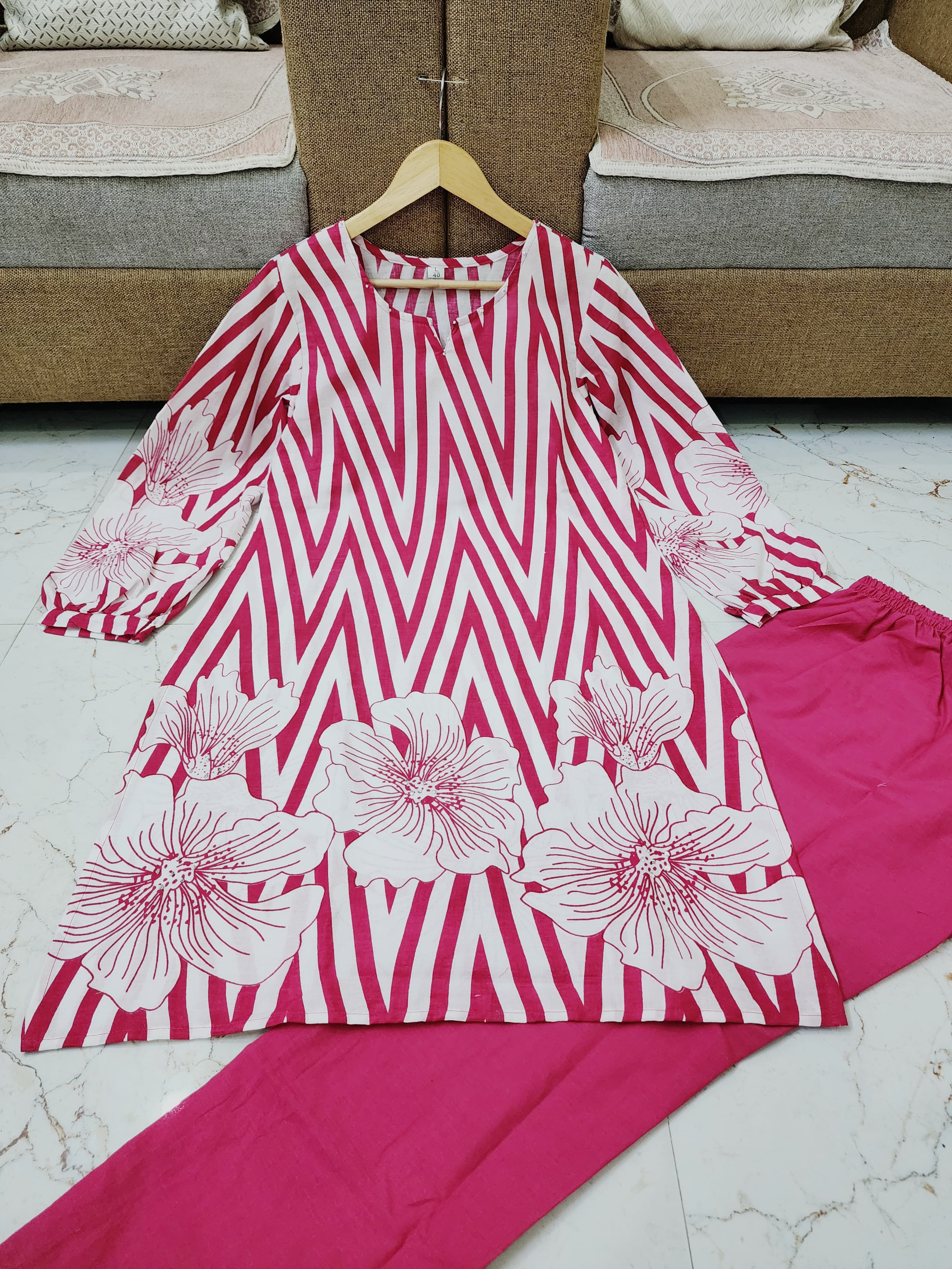 Printed 60x60 Cotton Co-ord Set with Sequence & Moti Work