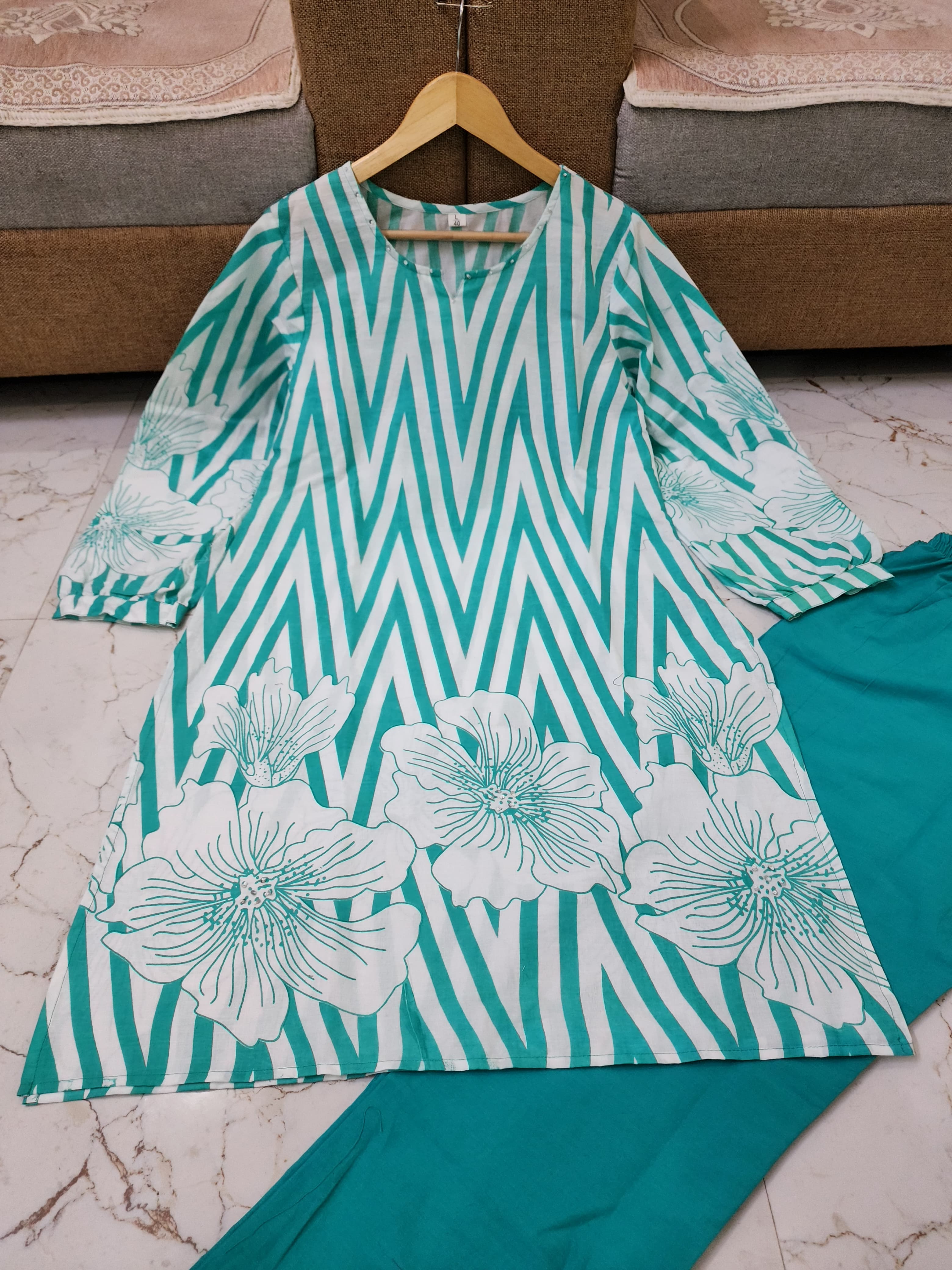 Printed 60x60 Cotton Co-ord Set with Sequence & Moti Work
