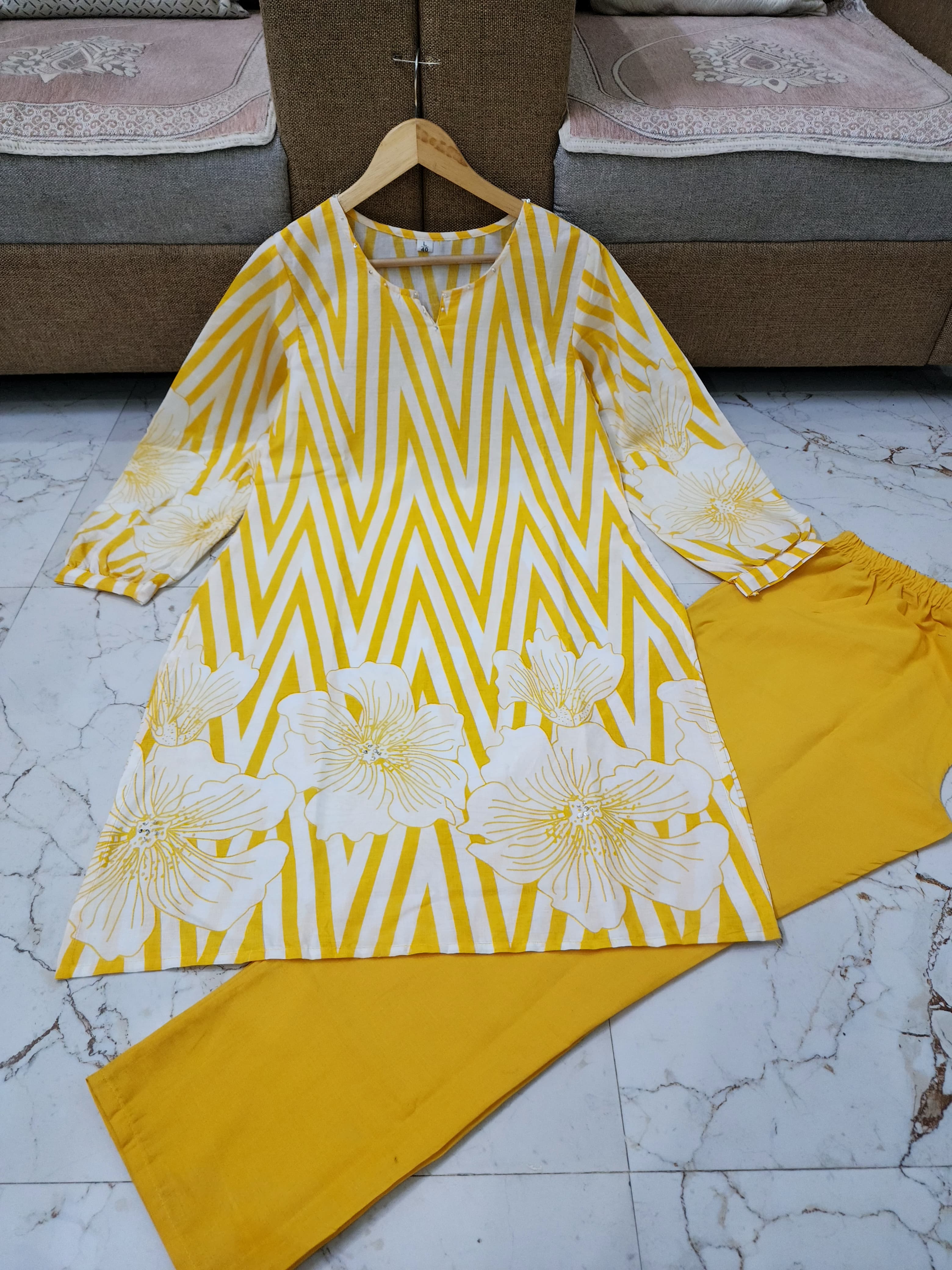 Printed 60x60 Cotton Co-ord Set with Sequence & Moti Work