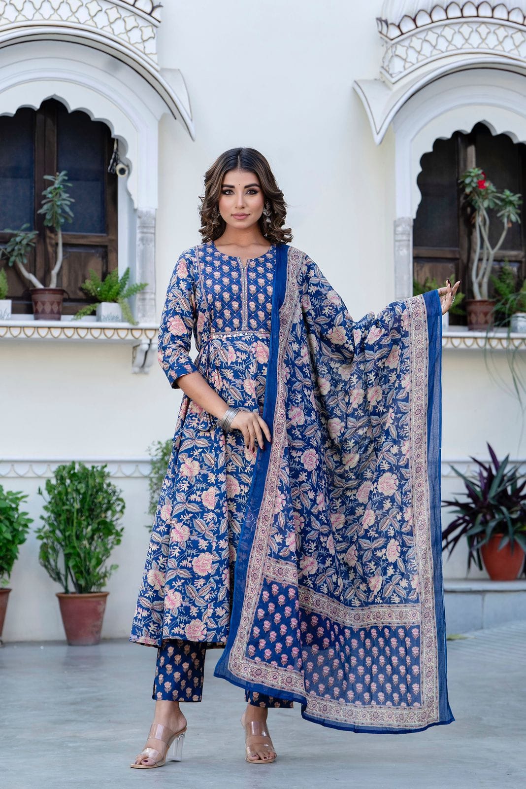 Printed Cotton Anarkali Kurta Set with Straight Pant & Dupatta
