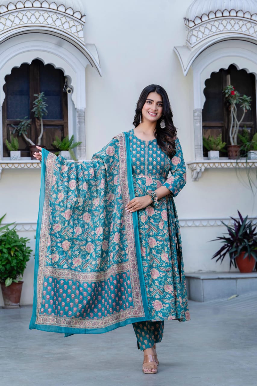Printed Cotton Anarkali Kurta Set with Straight Pant & Dupatta