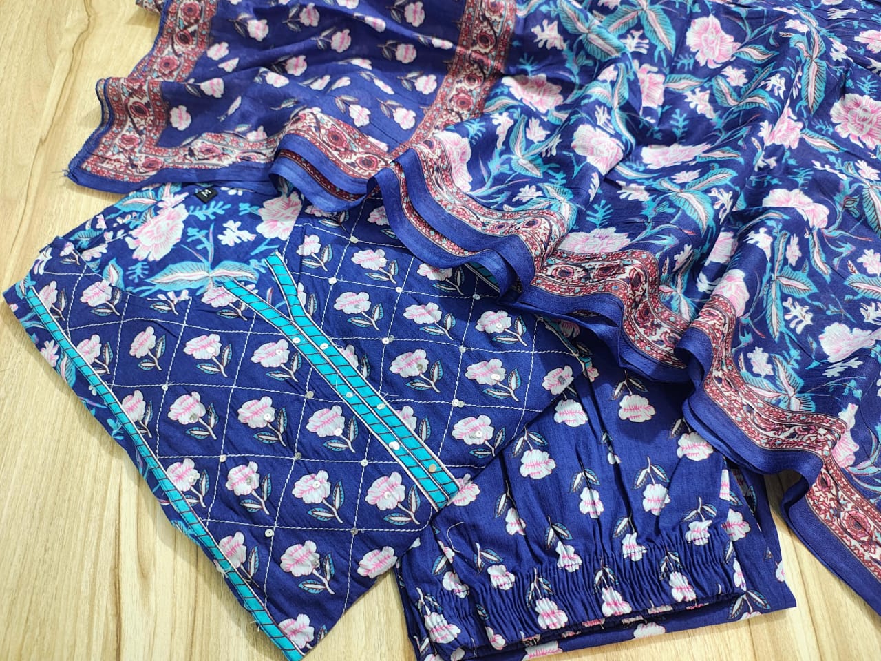 Printed Cotton Anarkali Kurta Set with Straight Pant & Dupatta