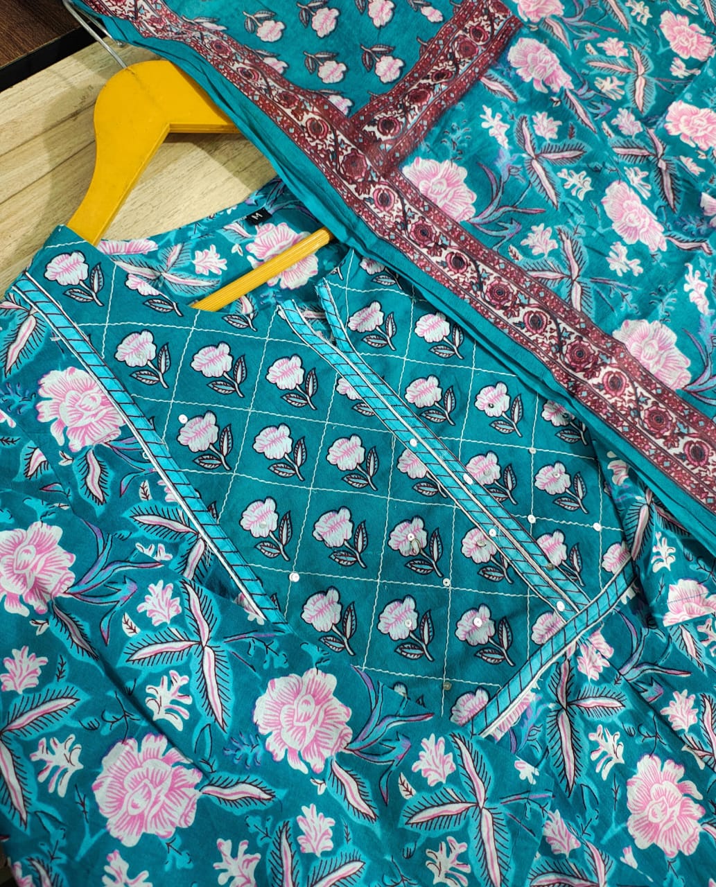 Printed Cotton Anarkali Kurta Set with Straight Pant & Dupatta